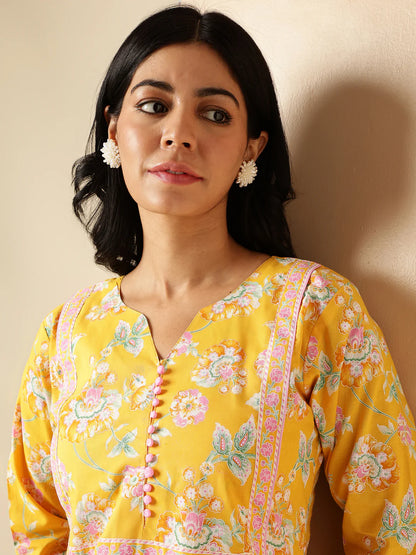 [Ready SG Stock] Yellow Floral Print Straight Cut Cotton Kurta / Only Top [Indian Dresses]