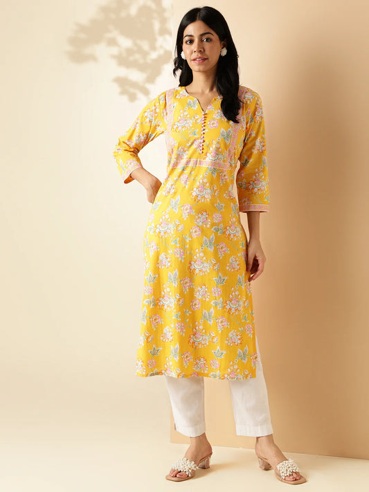 [Ready SG Stock] Yellow Floral Print Straight Cut Cotton Kurta / Only Top [Indian Dresses]