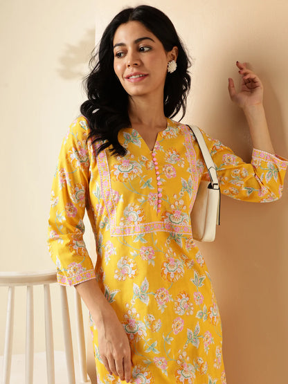 [Ready SG Stock] Yellow Floral Print Straight Cut Cotton Kurta / Only Top [Indian Dresses]
