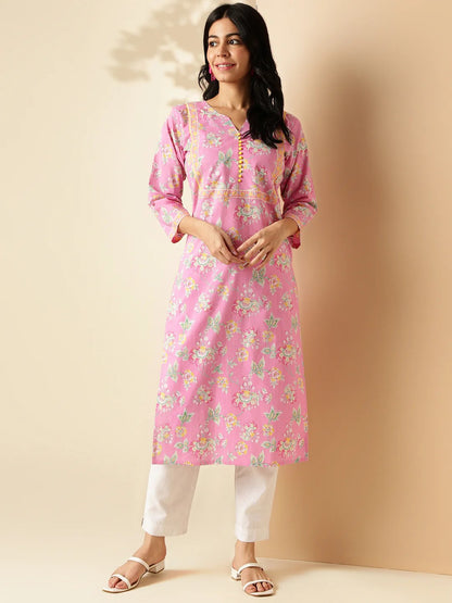 [Ready SG Stock] Pink Floral Print Straight Cut Cotton Kurta / Only Top [Indian Dresses]