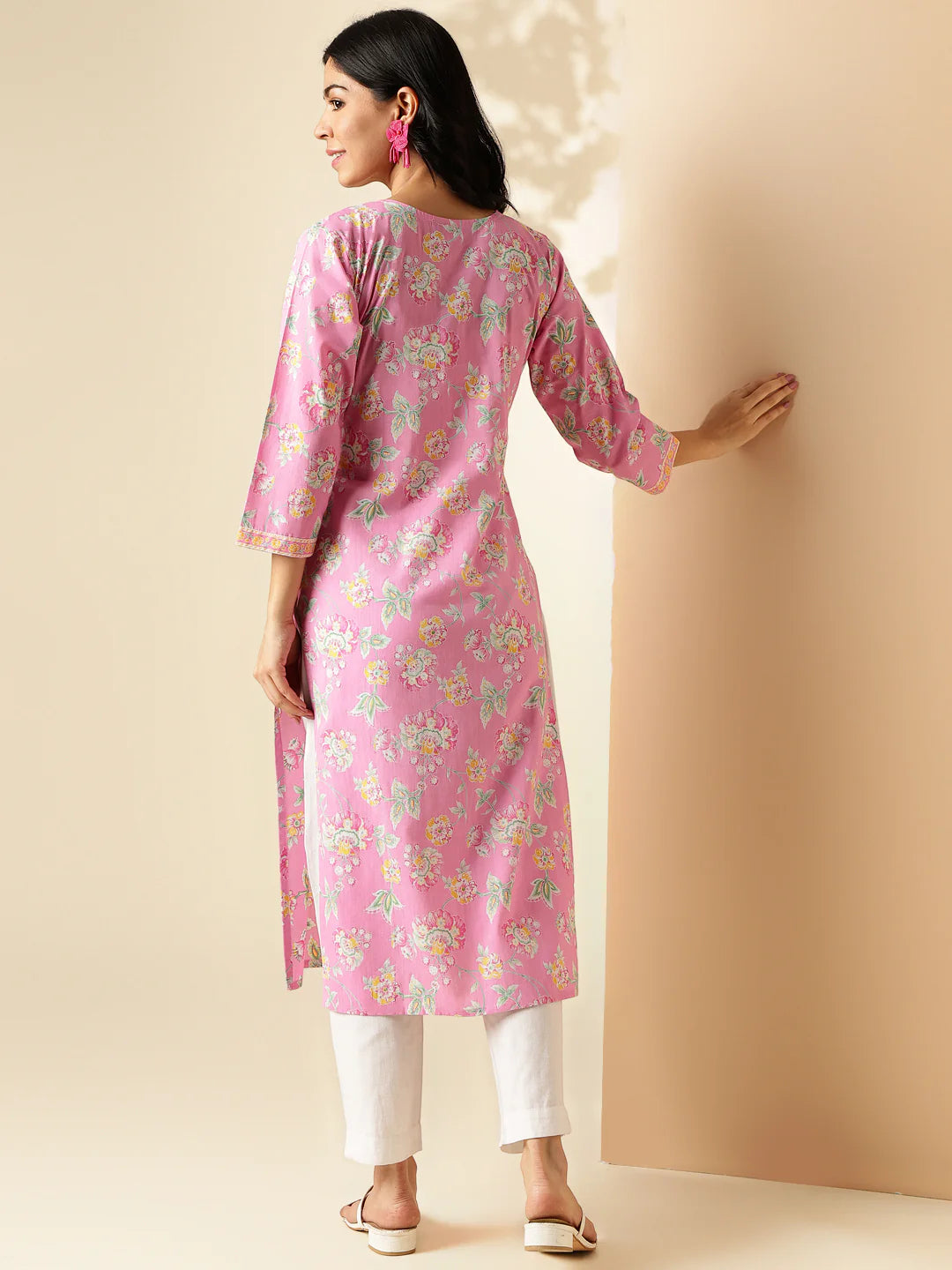 [Ready SG Stock] Pink Floral Print Straight Cut Cotton Kurta / Only Top [Indian Dresses]