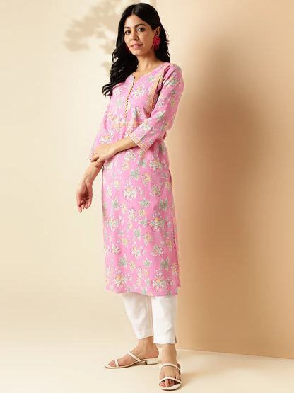 [Ready SG Stock] Pink Floral Print Straight Cut Cotton Kurta / Only Top [Indian Dresses]
