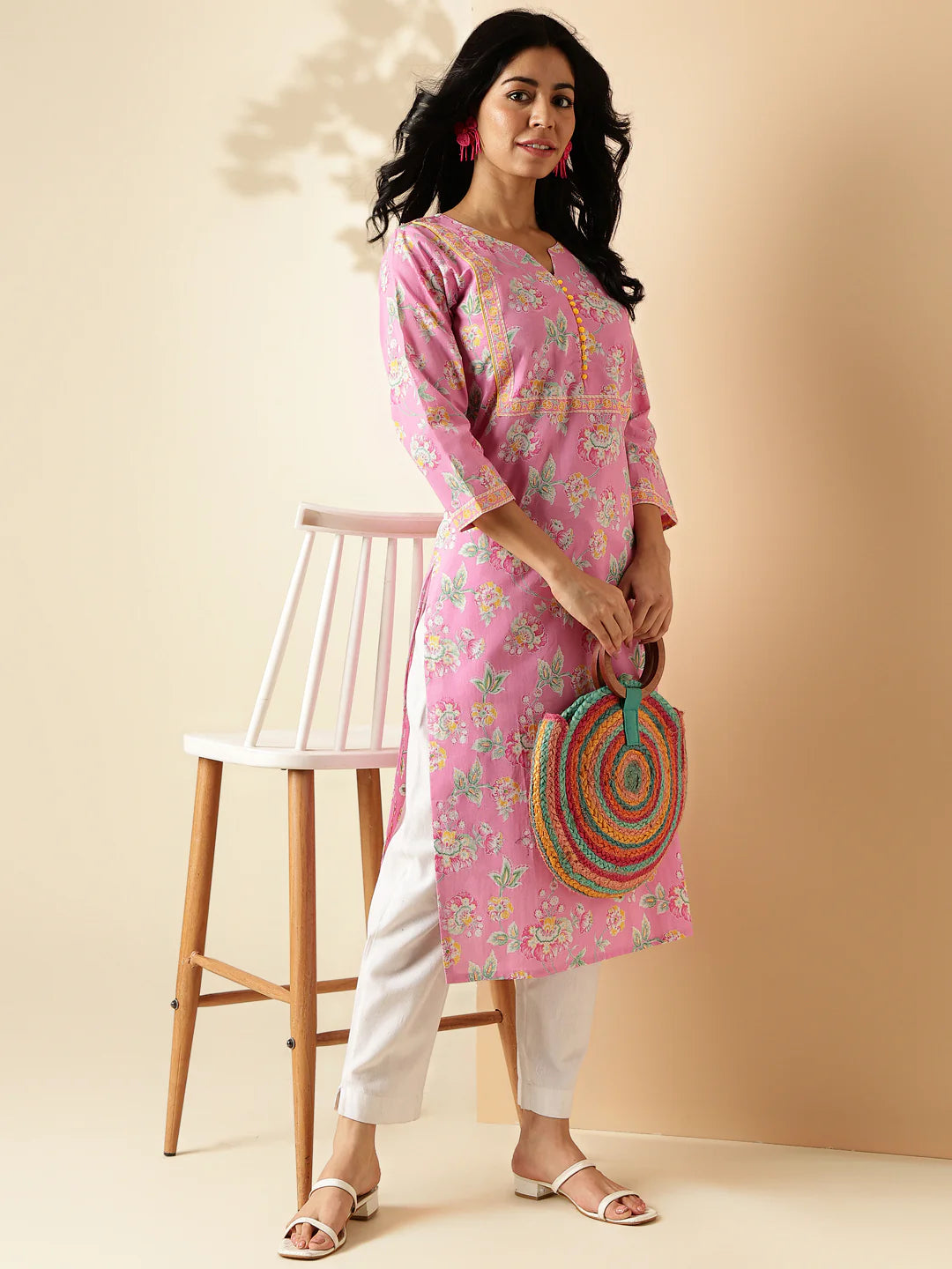 [Ready SG Stock] Pink Floral Print Straight Cut Cotton Kurta / Only Top [Indian Dresses]