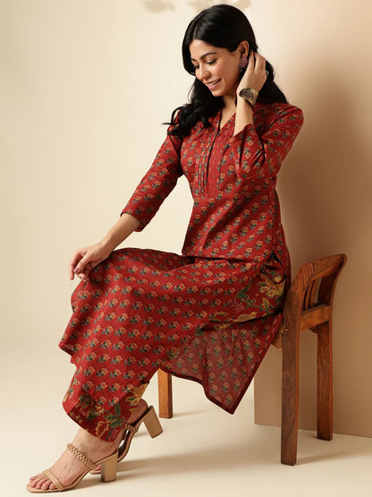 [ Ready SG Stock ] Maroon Floral Printed Straight Cut Cotton 2 Pcs Punjabi Suit / Co-Ord Set [Indian Smart Casual Wear]