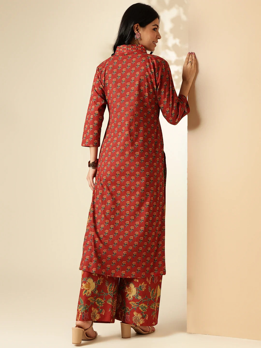 [ Ready SG Stock ] Maroon Floral Printed Straight Cut Cotton 2 Pcs Punjabi Suit / Co-Ord Set [Indian Smart Casual Wear]