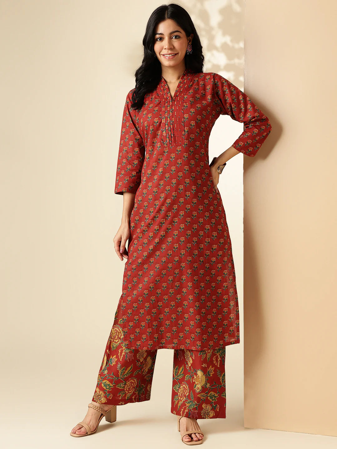 [ Ready SG Stock ] Maroon Floral Printed Straight Cut Cotton 2 Pcs Punjabi Suit / Co-Ord Set [Indian Smart Casual Wear]