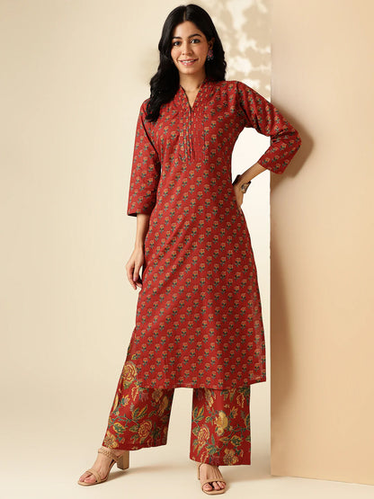 [ Ready SG Stock ] Maroon Floral Printed Straight Cut Cotton 2 Pcs Punjabi Suit / Co-Ord Set [Indian Smart Casual Wear]