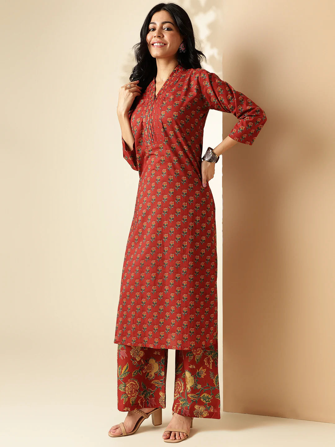 [ Ready SG Stock ] Maroon Floral Printed Straight Cut Cotton 2 Pcs Punjabi Suit / Co-Ord Set [Indian Smart Casual Wear]