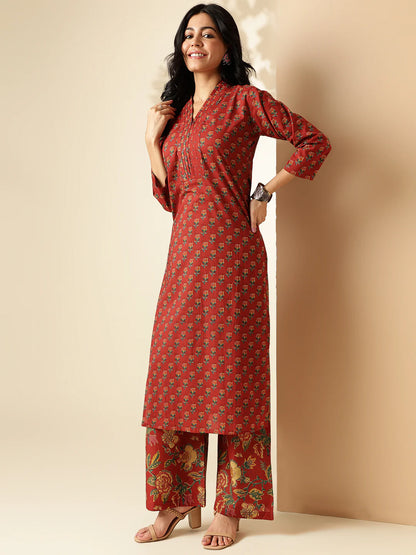 [ Ready SG Stock ] Maroon Floral Printed Straight Cut Cotton 2 Pcs Punjabi Suit / Co-Ord Set [Indian Smart Casual Wear]