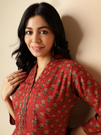 [ Ready SG Stock ] Maroon Floral Printed Straight Cut Cotton 2 Pcs Punjabi Suit / Co-Ord Set [Indian Smart Casual Wear]