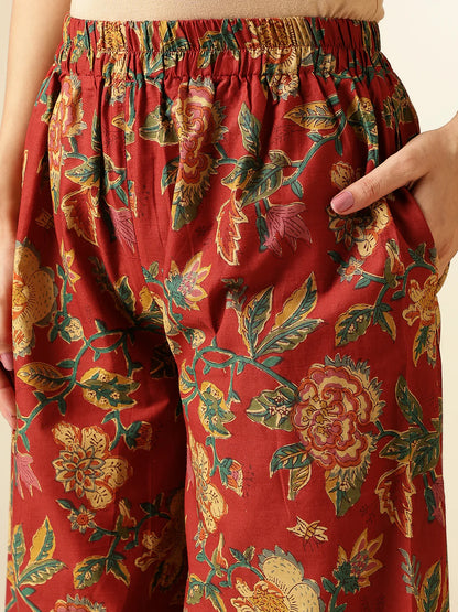 [ Ready SG Stock ] Maroon Floral Printed Straight Cut Cotton 2 Pcs Punjabi Suit / Co-Ord Set [Indian Smart Casual Wear]