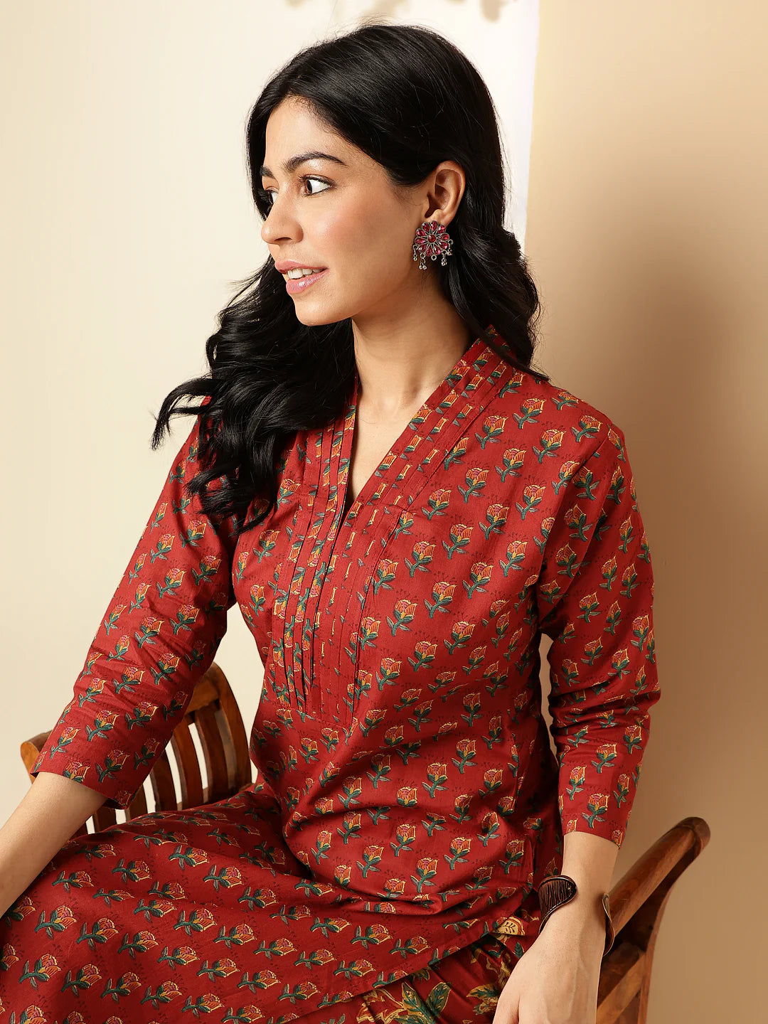 [ Ready SG Stock ] Maroon Floral Printed Straight Cut Cotton 2 Pcs Punjabi Suit / Co-Ord Set [Indian Smart Casual Wear]