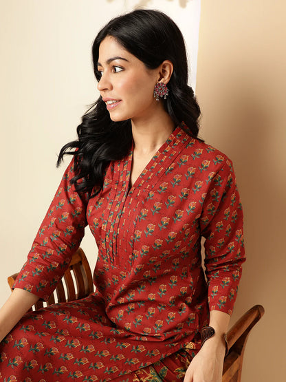 [ Ready SG Stock ] Maroon Floral Printed Straight Cut Cotton 2 Pcs Punjabi Suit / Co-Ord Set [Indian Smart Casual Wear]