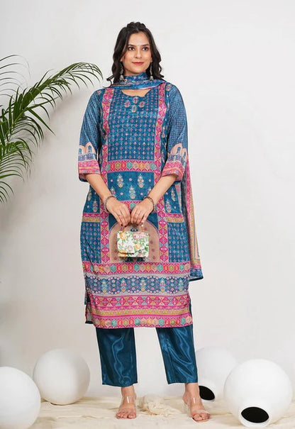 [Ready SG Stock] Blue Digital Printed Softest Chinon Straight cut 3 Pcs Punjabi Suit with Dupatta [ Indian Dresses ]
