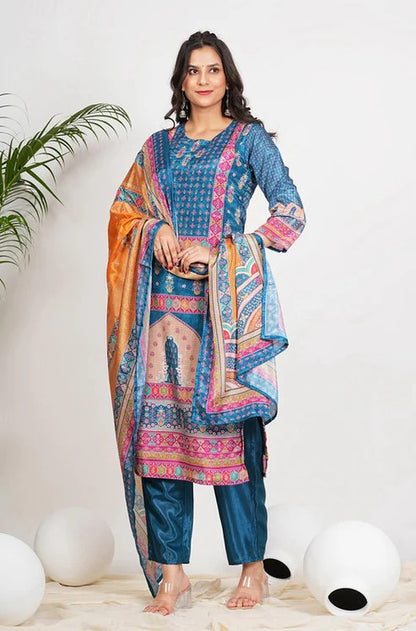 [Ready SG Stock] Blue Digital Printed Softest Chinon Straight cut 3 Pcs Punjabi Suit with Dupatta [ Indian Dresses ]