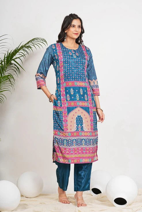 [Ready SG Stock] Blue Digital Printed Softest Chinon Straight cut 3 Pcs Punjabi Suit with Dupatta [ Indian Dresses ]