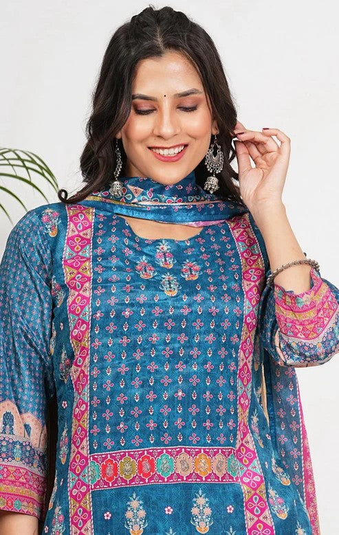 [Ready SG Stock] Blue Digital Printed Softest Chinon Straight cut 3 Pcs Punjabi Suit with Dupatta [ Indian Dresses ]