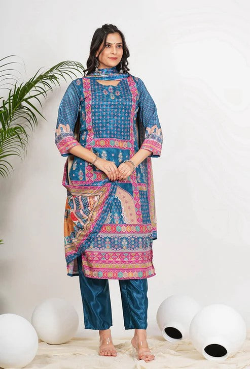 [Ready SG Stock] Blue Digital Printed Softest Chinon Straight cut 3 Pcs Punjabi Suit with Dupatta [ Indian Dresses ]