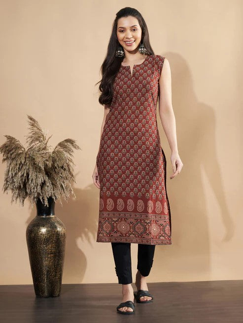 [ Ready SG Stock ] Maroon Floral Print Straight Cotton Kurta / Only Top [Indian Dresses]