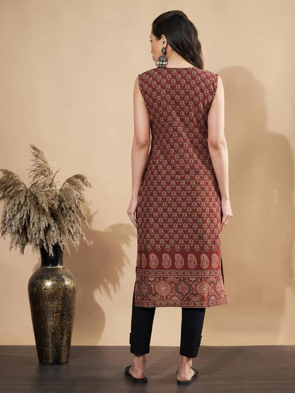 [ Ready SG Stock ] Maroon Floral Print Straight Cotton Kurta / Only Top [Indian Dresses]