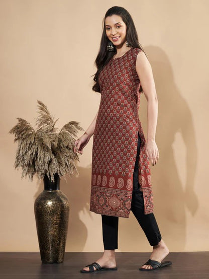 [ Ready SG Stock ] Maroon Floral Print Straight Cotton Kurta / Only Top [Indian Dresses]