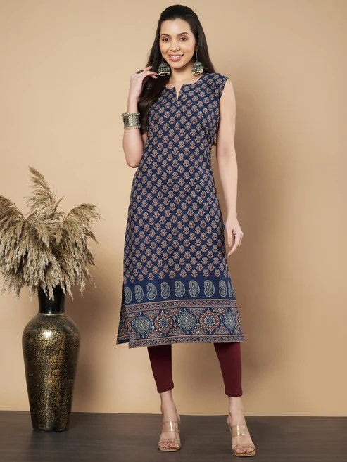 [ Ready SG Stock ] Navy Floral Print Straight Cotton Kurta / Only Top [Indian Dresses]