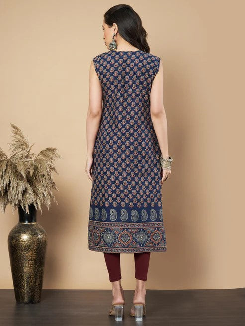 [ Ready SG Stock ] Navy Floral Print Straight Cotton Kurta / Only Top [Indian Dresses]