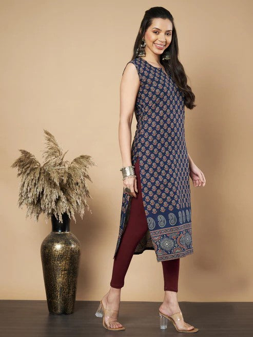 [ Ready SG Stock ] Navy Floral Print Straight Cotton Kurta / Only Top [Indian Dresses]