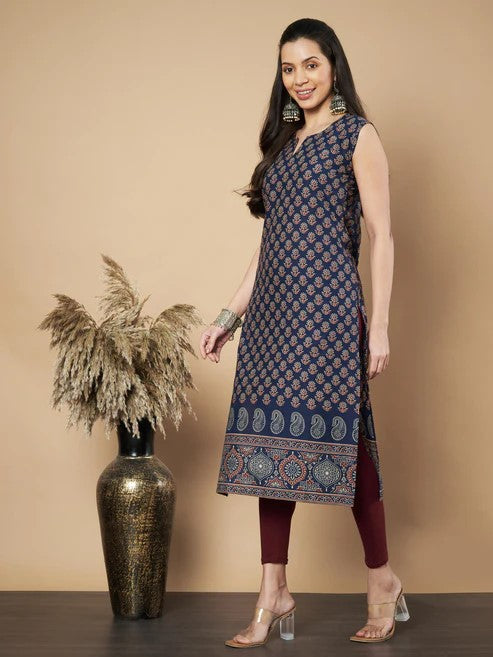 [ Ready SG Stock ] Navy Floral Print Straight Cotton Kurta / Only Top [Indian Dresses]