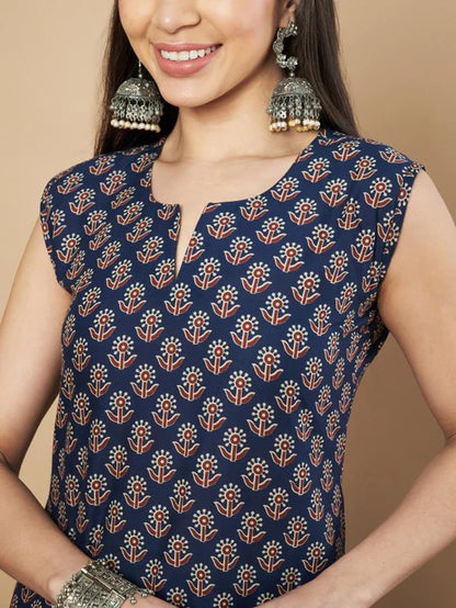 [ Ready SG Stock ] Navy Floral Print Straight Cotton Kurta / Only Top [Indian Dresses]