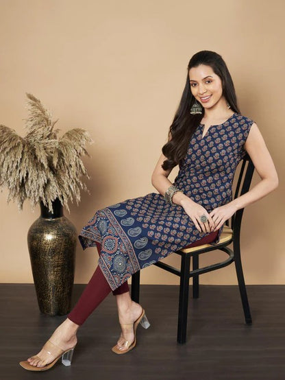 [ Ready SG Stock ] Navy Floral Print Straight Cotton Kurta / Only Top [Indian Dresses]