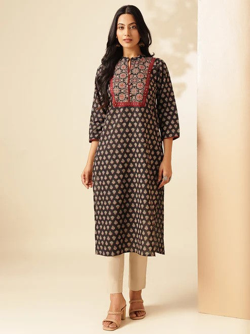 [Ready SG Stock] Black Floral Printed Straight Cut Cotton Punjabi Kurta \ Only Top  [Indian Casual Dresses]