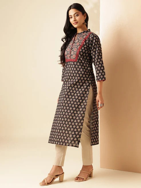 [Ready SG Stock] Black Floral Printed Straight Cut Cotton Punjabi Kurta \ Only Top  [Indian Casual Dresses]