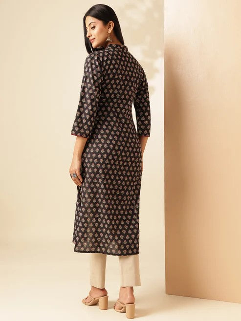 [Ready SG Stock] Black Floral Printed Straight Cut Cotton Punjabi Kurta \ Only Top  [Indian Casual Dresses]