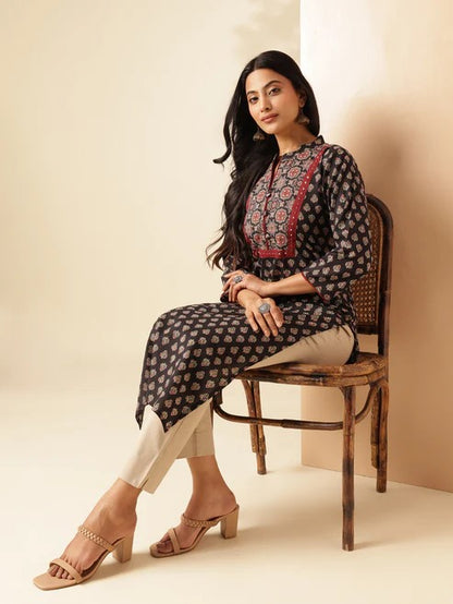 [Ready SG Stock] Black Floral Printed Straight Cut Cotton Punjabi Kurta \ Only Top  [Indian Casual Dresses]