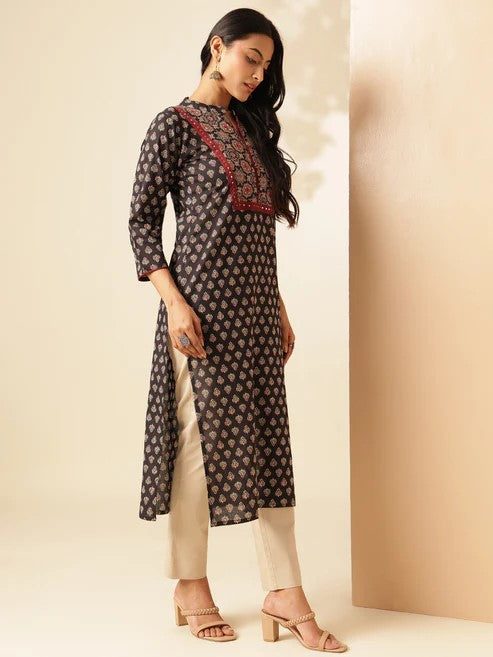 [Ready SG Stock] Black Floral Printed Straight Cut Cotton Punjabi Kurta \ Only Top  [Indian Casual Dresses]