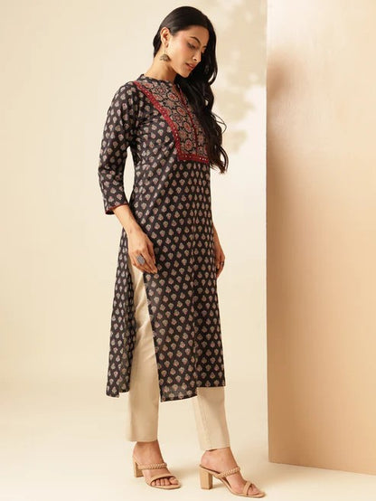 [Ready SG Stock] Black Floral Printed Straight Cut Cotton Punjabi Kurta \ Only Top  [Indian Casual Dresses]