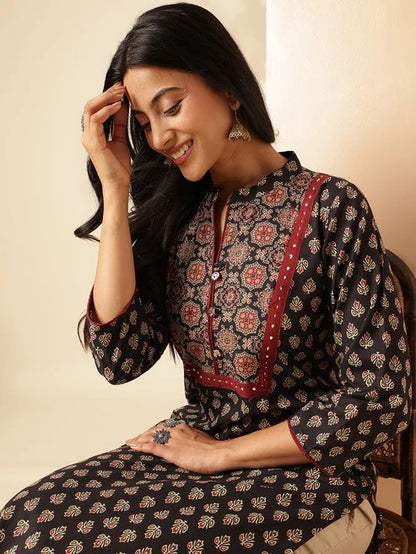 [Ready SG Stock] Black Floral Printed Straight Cut Cotton Punjabi Kurta \ Only Top  [Indian Casual Dresses]