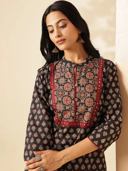 [Ready SG Stock] Black Floral Printed Straight Cut Cotton Punjabi Kurta \ Only Top  [Indian Casual Dresses]