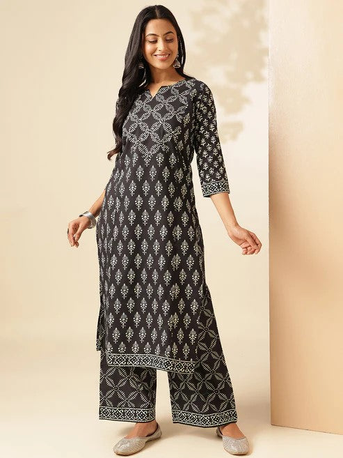 [Ready SG Stock] Black Cotton Floral Print Straight Kurta Set 2 Pcs Punjabi Suit [Indian Casual Dresses]