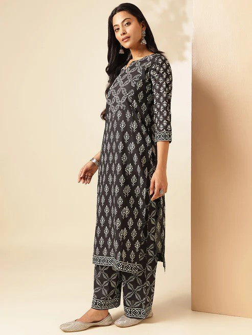 [Ready SG Stock] Black Cotton Floral Print Straight Kurta Set 2 Pcs Punjabi Suit [Indian Casual Dresses]