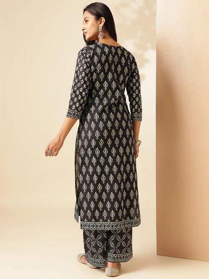 [Ready SG Stock] Black Cotton Floral Print Straight Kurta Set 2 Pcs Punjabi Suit [Indian Casual Dresses]