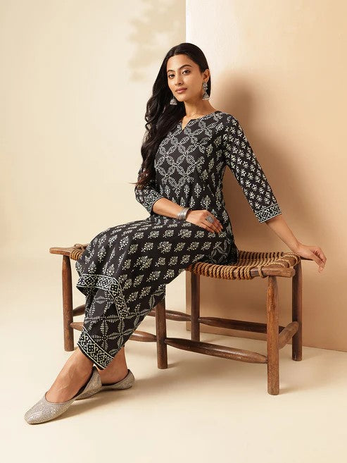 [Ready SG Stock] Black Cotton Floral Print Straight Kurta Set 2 Pcs Punjabi Suit [Indian Casual Dresses]