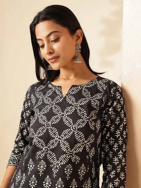 [Ready SG Stock] Black Cotton Floral Print Straight Kurta Set 2 Pcs Punjabi Suit [Indian Casual Dresses]