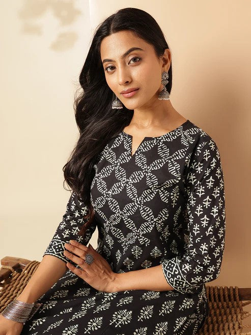 [Ready SG Stock] Black Cotton Floral Print Straight Kurta Set 2 Pcs Punjabi Suit [Indian Casual Dresses]