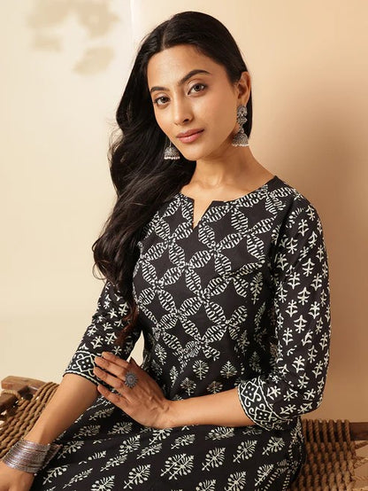 [Ready SG Stock] Black Cotton Floral Print Straight Kurta Set 2 Pcs Punjabi Suit [Indian Casual Dresses]