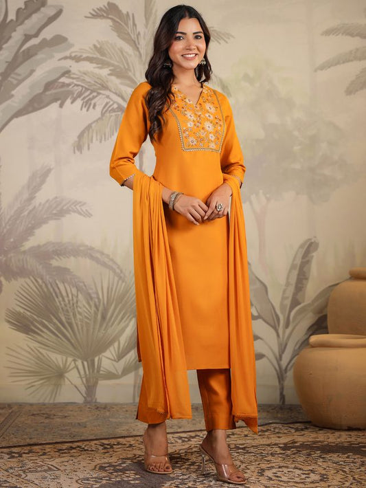 [ Ready SG Stock ] Mustard Cotton Blend Yoke Embroidered Straight Kurta Set Punjabi Suit with Dupatta [ Indian Dresses ]