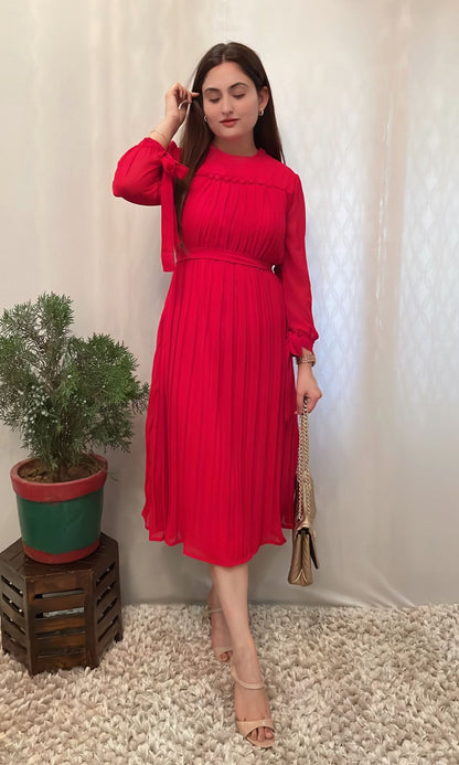 [Ready SG Stock Size] New Designer Pleated Midi Dress with belt & Linings [Indian Dresses]