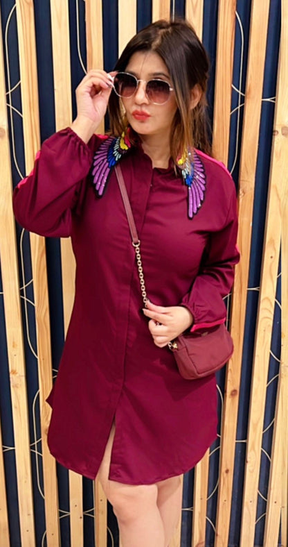 [Ready SG Stock] Designer Embroidered Women's Fashion Shirt Dress, Bird Wing Collar [Indian Dresses]