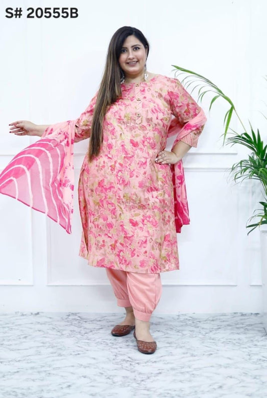 [Ready SG Stock 5 Colors- Size 3XL to 6XL] Soft Self Shine Musline Cotton Plus Size 3 Pcs Punjabi Suit With Afgani Pant & Chiffon Dupatta- Indian Dresses